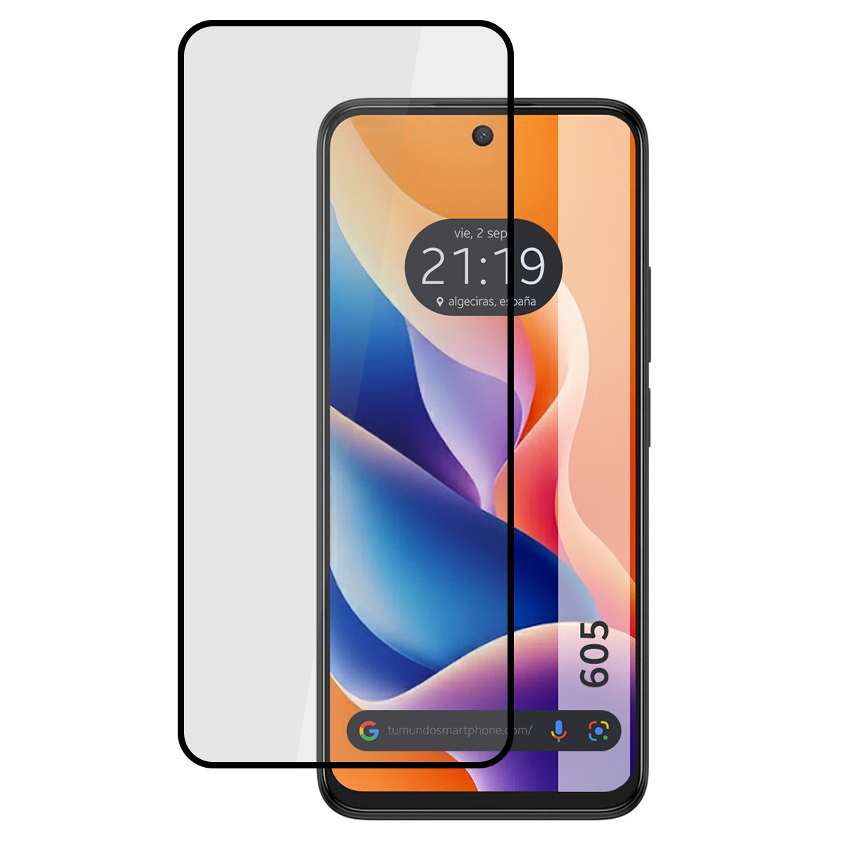Uno smartphone con protezione schermo. Lo schermo mostra l'ora, la data e un indirizzo web.