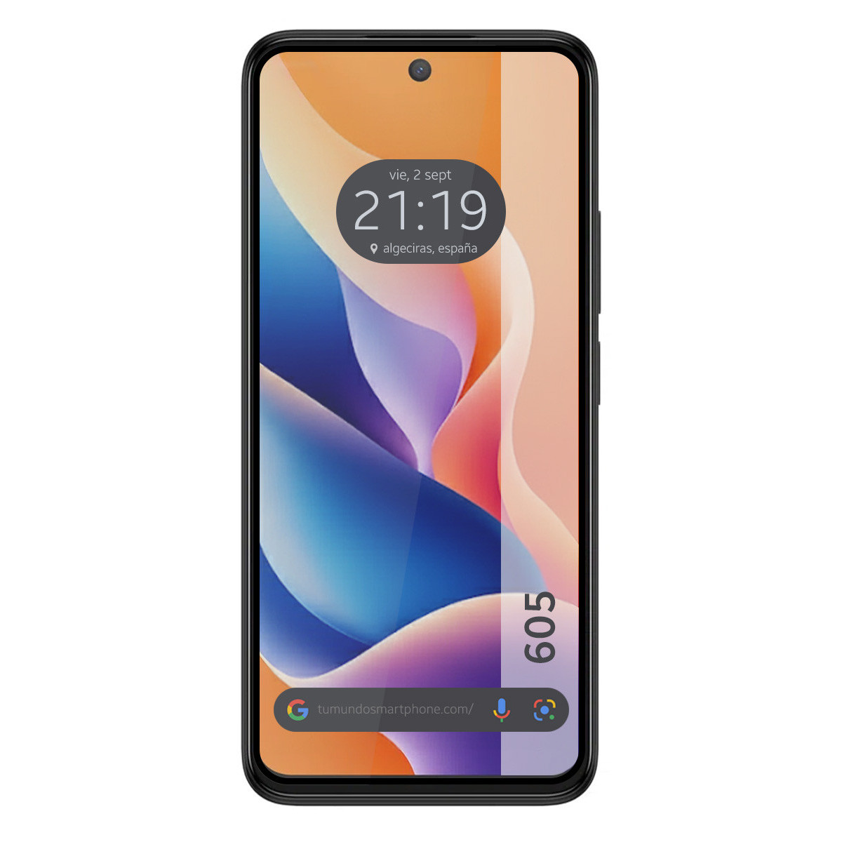 Uno smartphone mostra uno sfondo astratto colorato con un orologio che segna le 21:19. Il telefono ha una cornice nera e il numero 605.