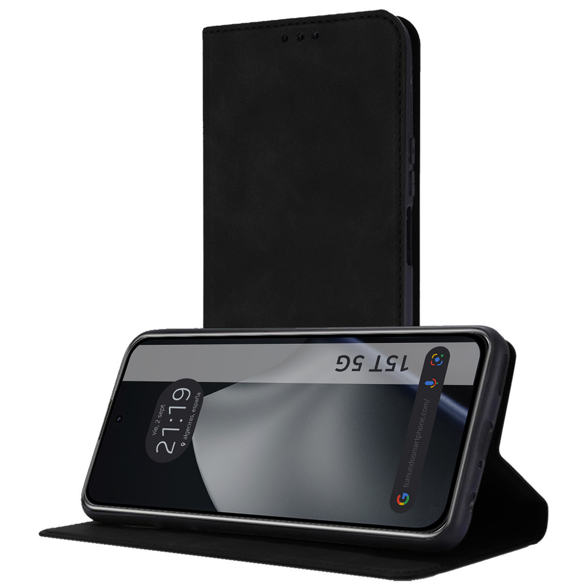 Smartphone nero con custodia a libro. Lo schermo mostra ora e data. La custodia è aperta, sostenendo il telefono.