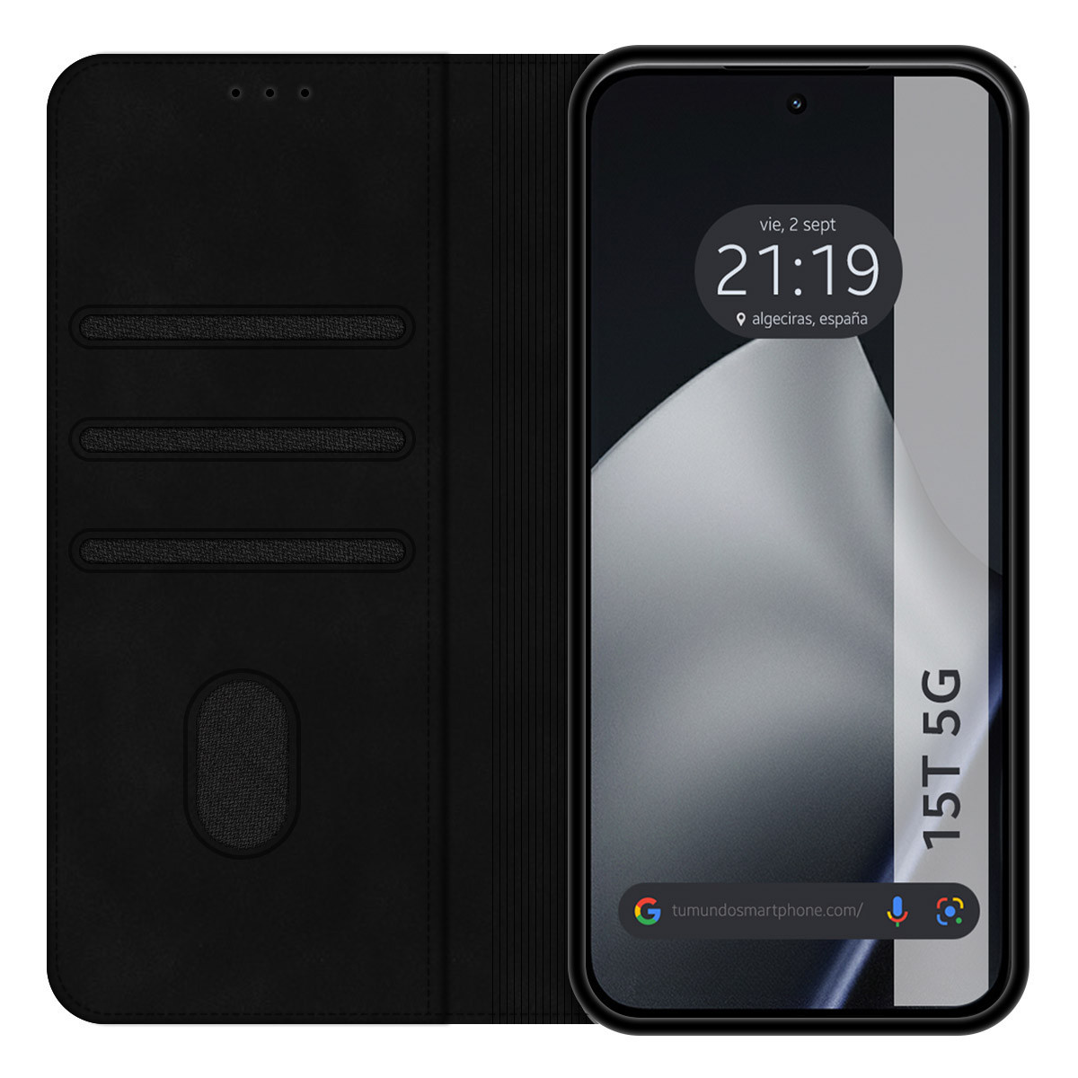 Uno smartphone nero con custodia, che mostra l'ora e la data. Lo schermo mostra uno sfondo bianco. La custodia ha delle fessure.