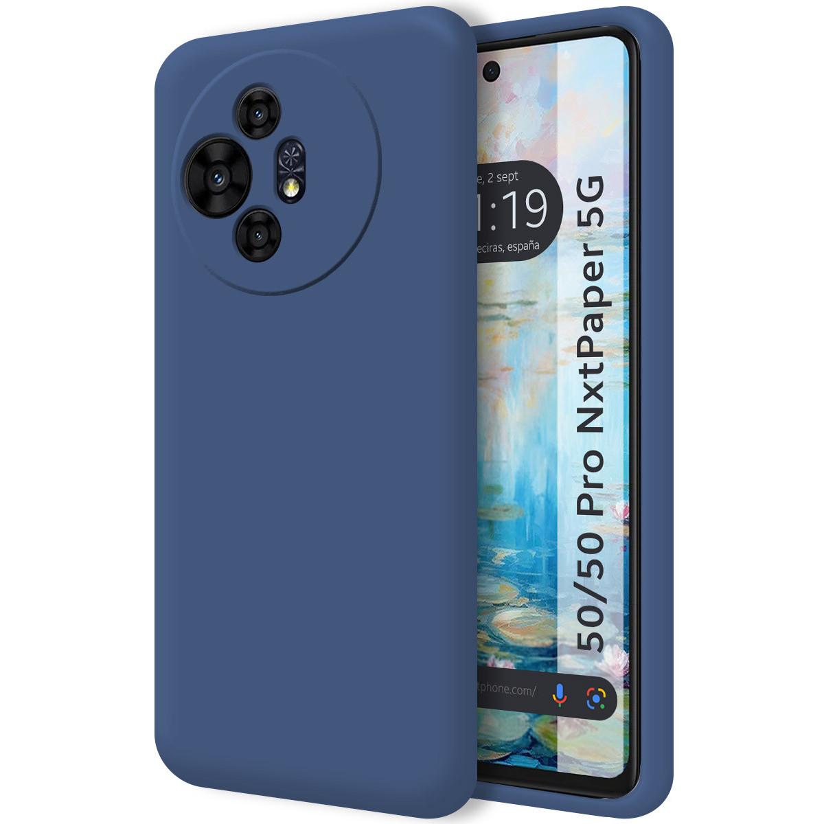 Una custodia blu con tripla fotocamera accanto a un telefono che mostra un dipinto e la scritta '50/50 Pro NxtPaper 5G'.