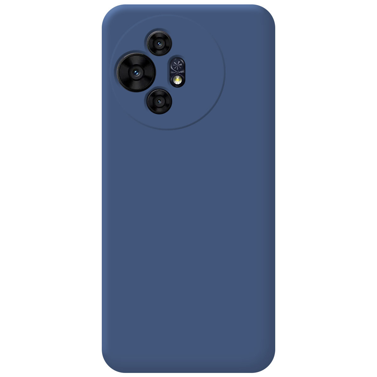 Una cover blu per telefono. Ha lenti della fotocamera in un design circolare. La cover copre la parte posteriore del telefono.