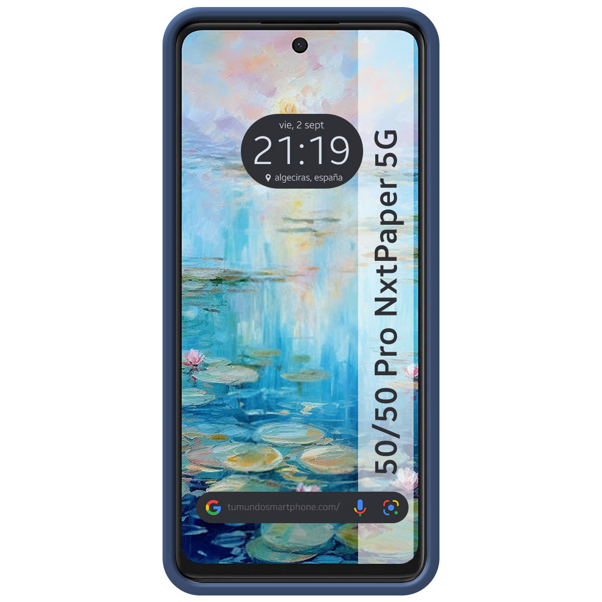 Smartphone con cornice blu. Lo schermo mostra uno stagno di ninfee con data e ora, più il testo '50/50 Pro NxtPaper 5G'.