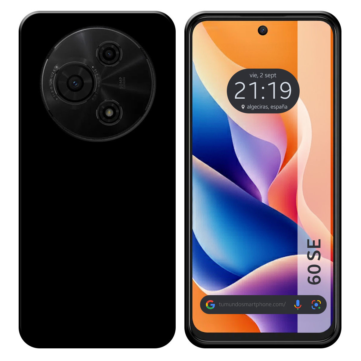 Smartphone, retro nero con lenti della fotocamera. Lo schermo mostra ora e data, con uno sfondo astratto colorato. Il telefono è nero.