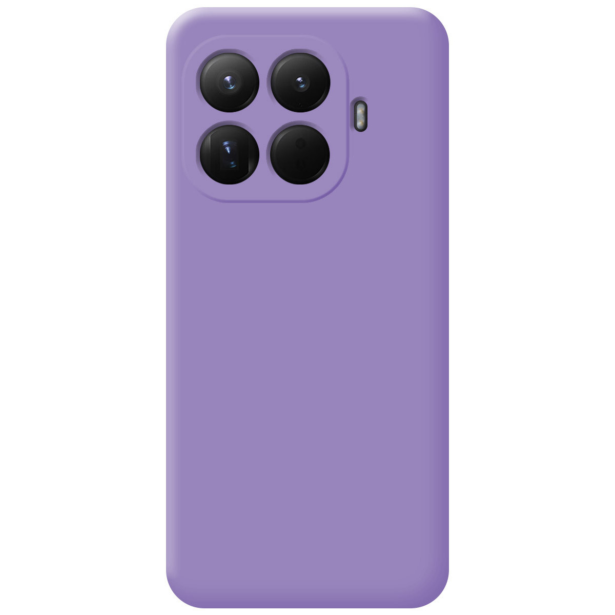 Una custodia viola per telefono con quattro obiettivi e un flash, su sfondo bianco.
