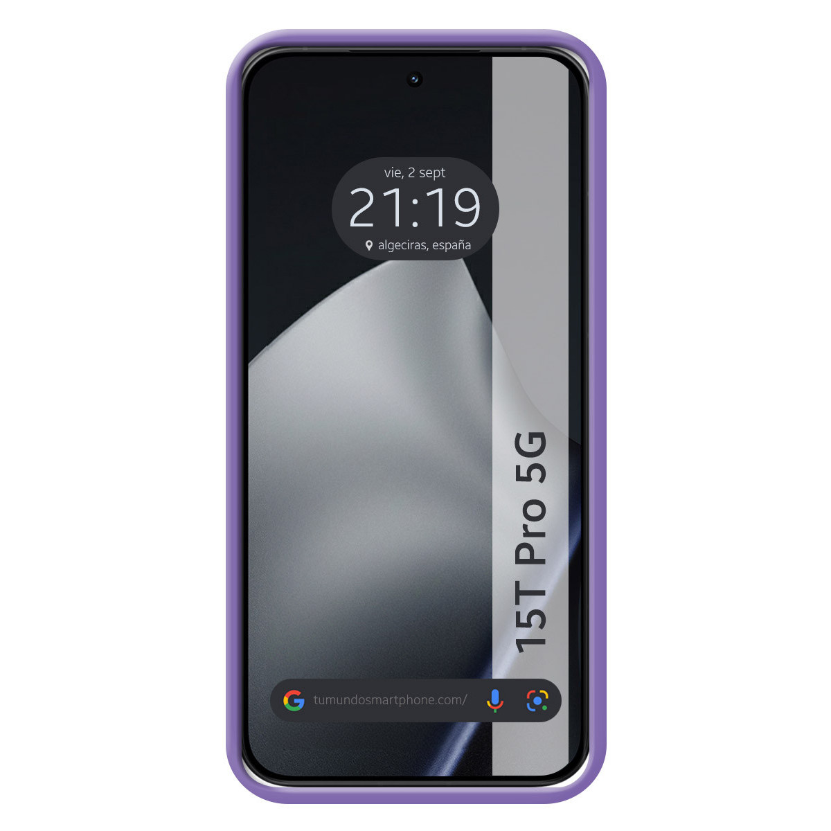 Uno smartphone con custodia viola. Lo schermo mostra ora, data e '15T Pro 5G'. Un indirizzo web in basso.