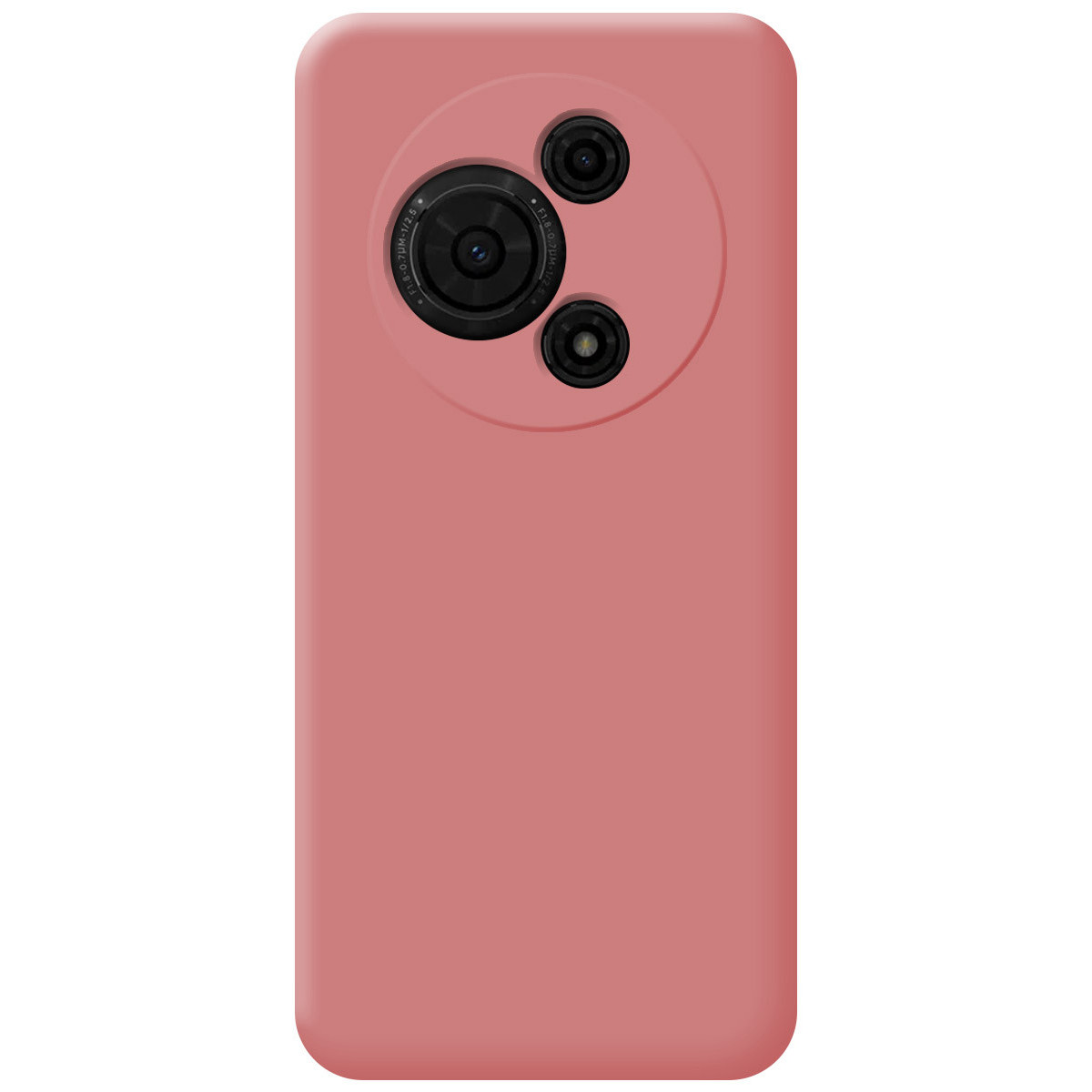Una custodia per telefono rosa con tre obiettivi della fotocamera disposti su uno sfondo circolare. La custodia è arrotondata.