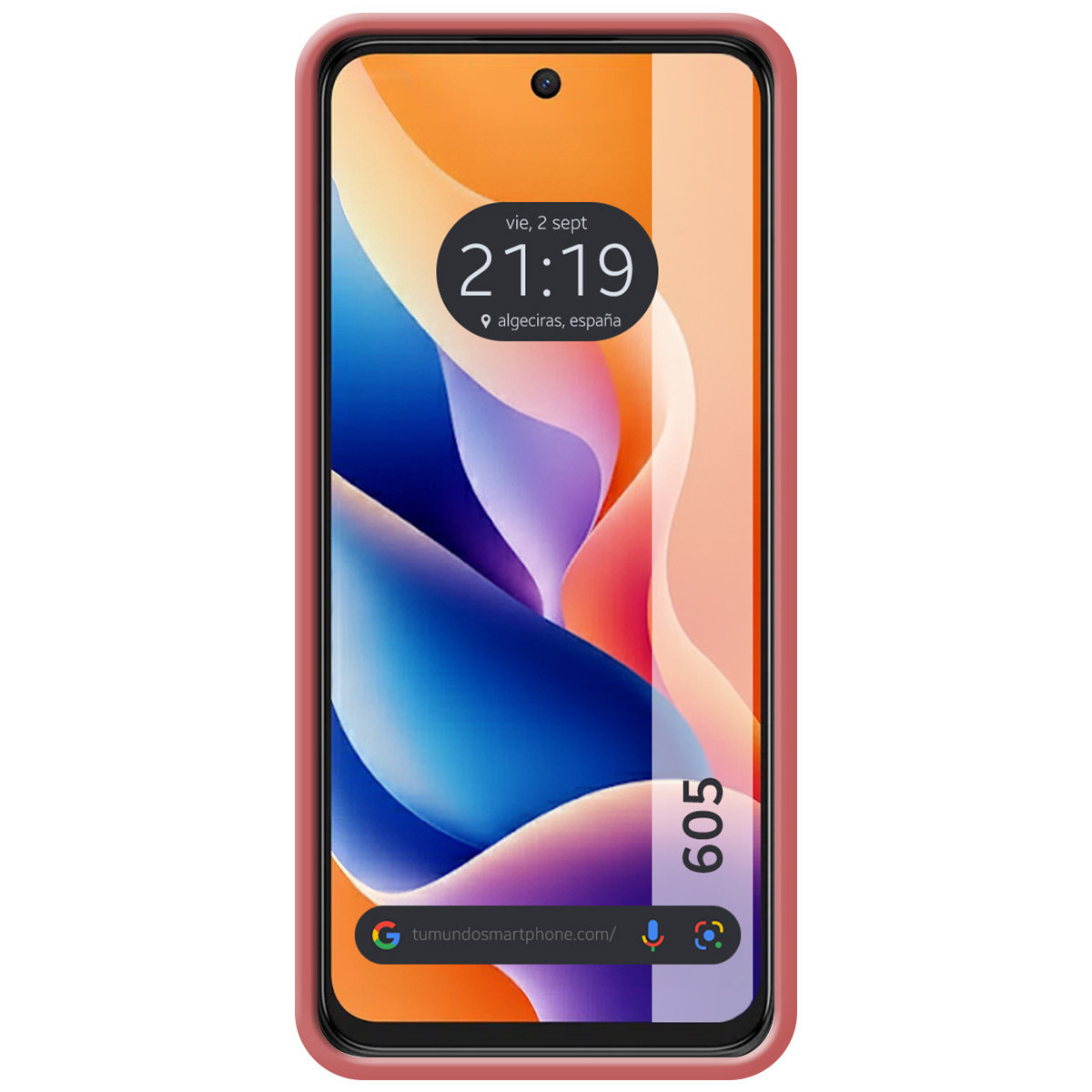 Uno smartphone con custodia rosa mostra uno sfondo astratto colorato. L'ora è 21:19. Il sito web tumundosmartphone.com è visibile.