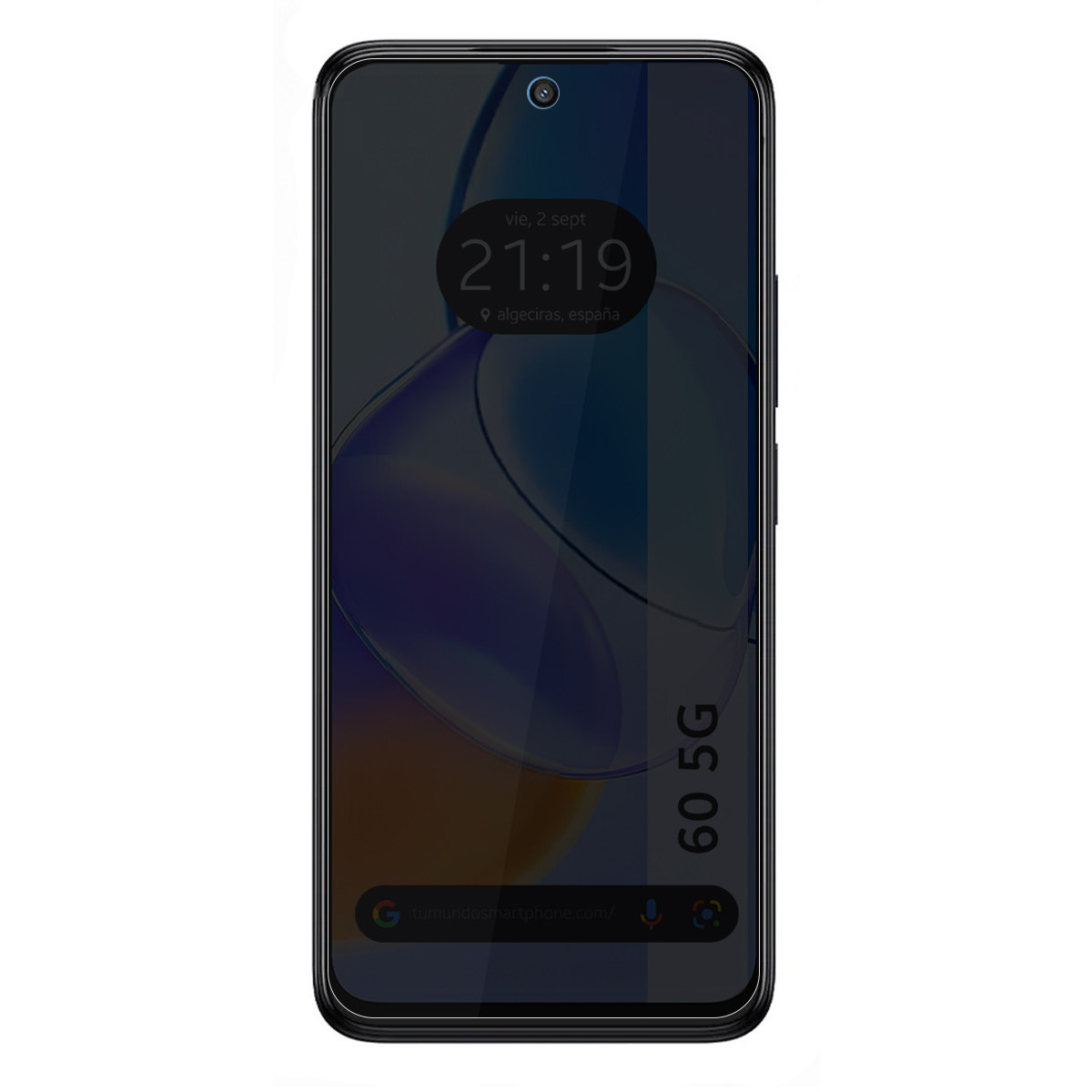 Lo schermo di uno smartphone mostra ora, data e 'algeciras, españa'. Il telefono è nero, con la scritta '60 5G' sul lato.