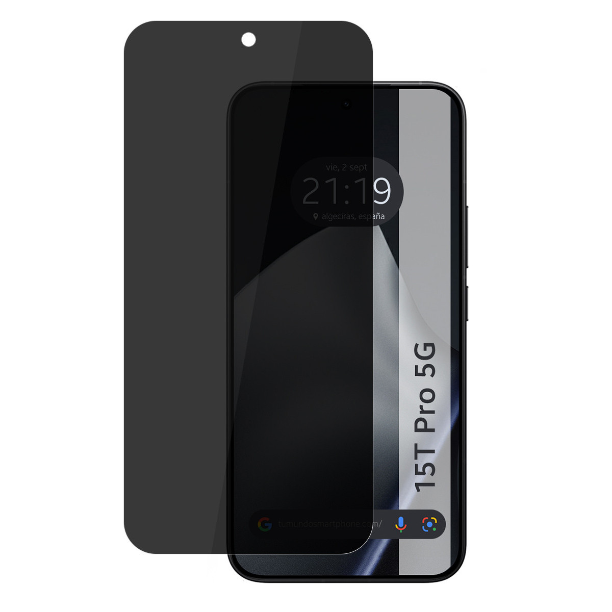 Un smartphone con protector de pantalla. El teléfono muestra la hora y la ubicación. El protector es oscuro, oscureciendo la pantalla parcialmente.