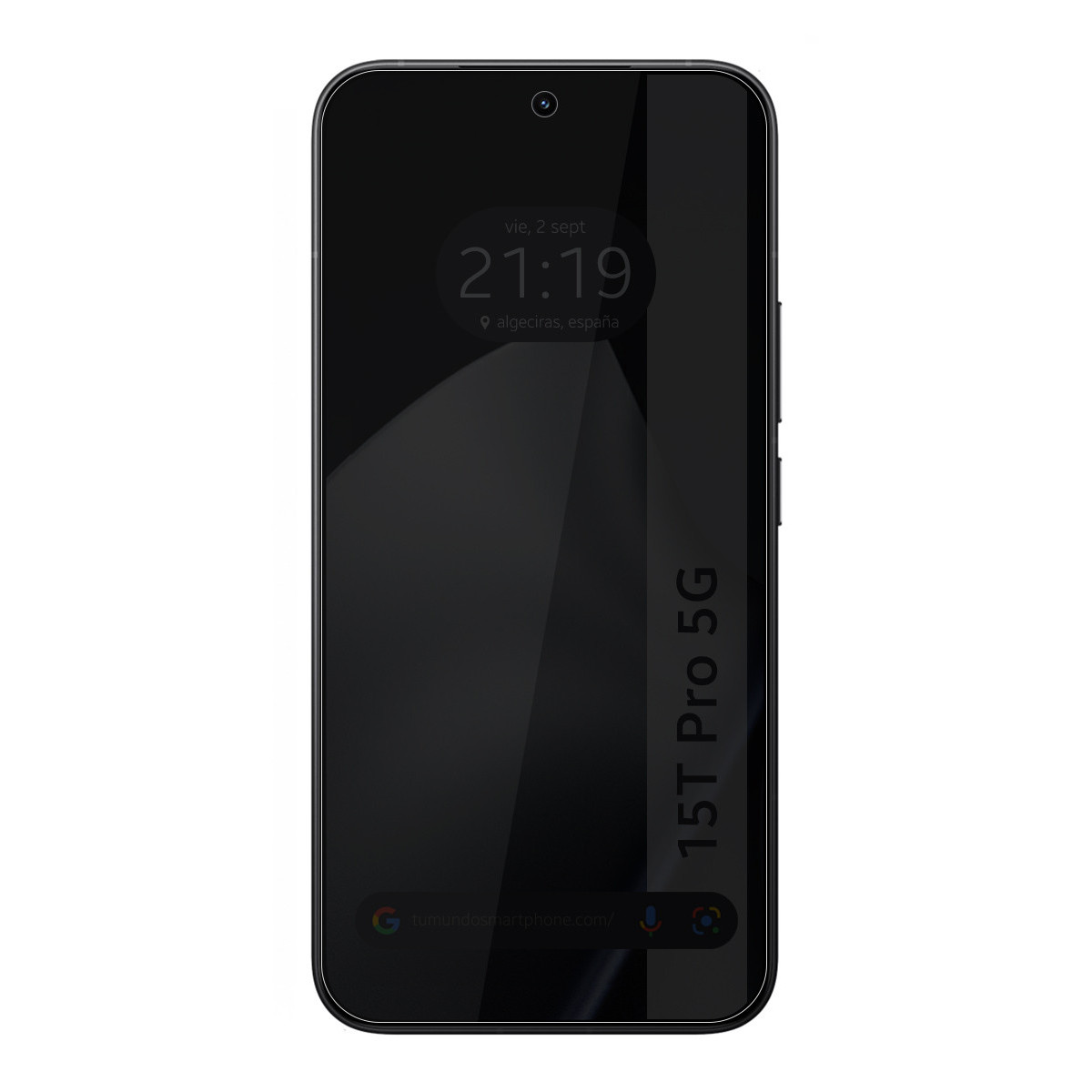 Un smartphone negro muestra la hora, la fecha y una dirección web. El teléfono tiene una cámara en la parte superior y las palabras 15T Pro 5G en el lateral.