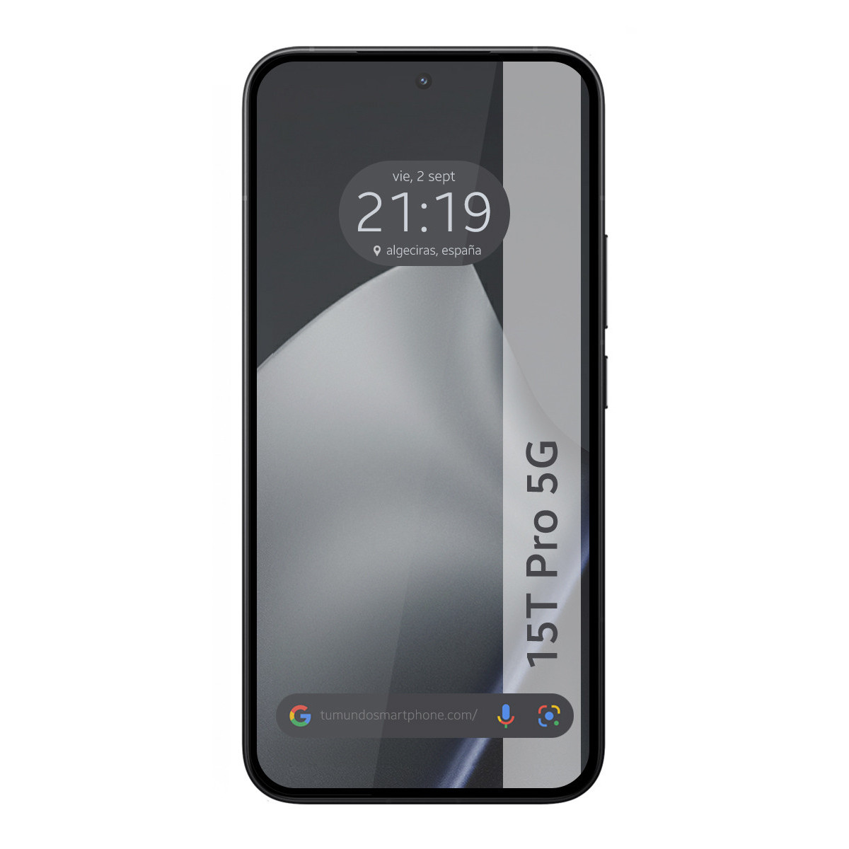 Uno schermo di smartphone mostra l'ora, la data e il luogo. Ha una cornice nera e una striscia bianca. Il testo '15T Pro 5G' è visibile.