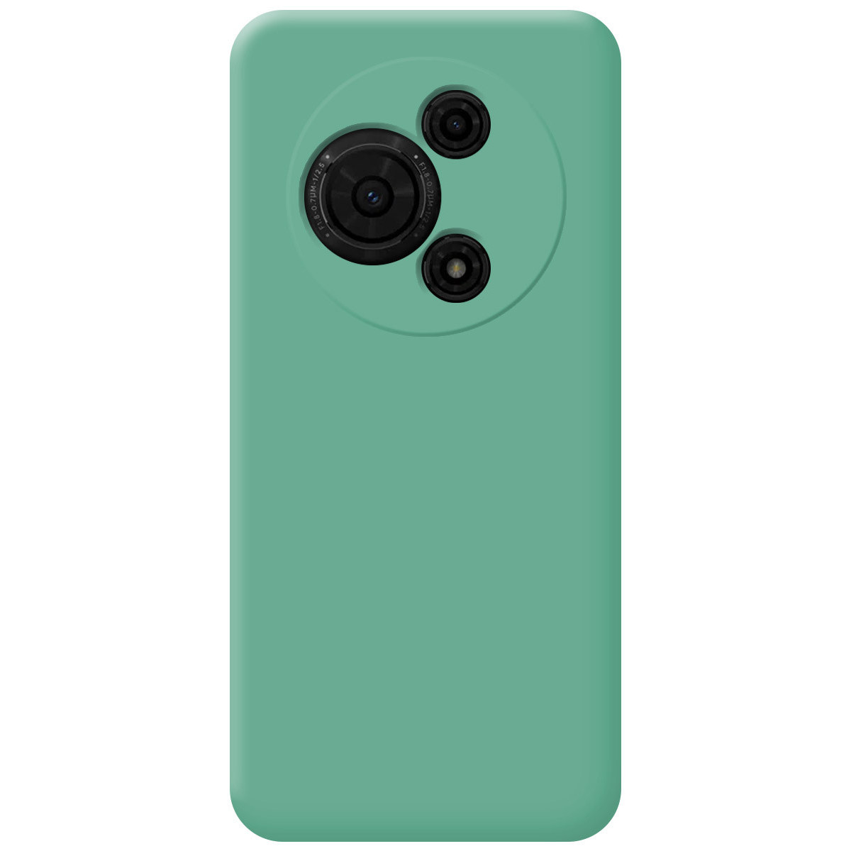 Una custodia per telefono verde acqua con tre lenti della fotocamera nella parte superiore, disposte a cerchio. La custodia è liscia e ha bordi arrotondati.