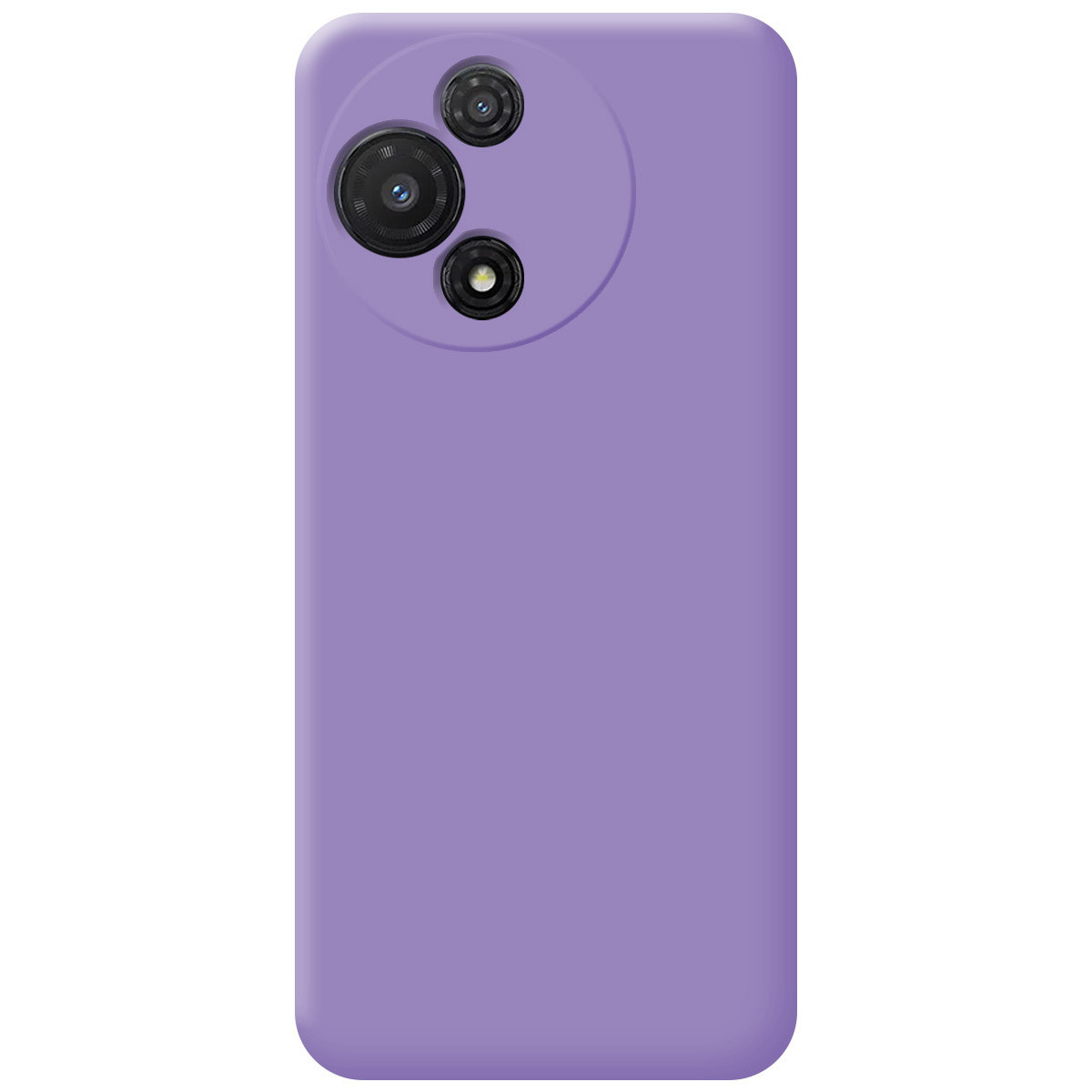 Una custodia per telefono viola con tre lenti della fotocamera su una sezione circolare in alto. La custodia è di colore viola chiaro.