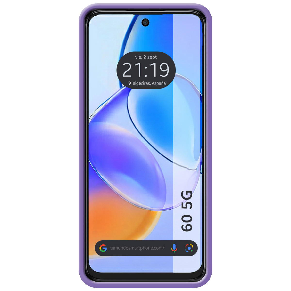 Uno smartphone mostra l'ora 21:19. Ha una custodia viola e lo schermo mostra uno sfondo con colori blu e arancione.
