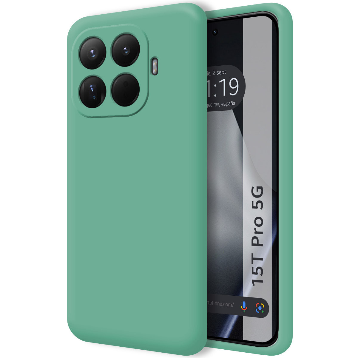 Una custodia verde menta copre parzialmente uno smartphone. Sono visibili quattro obiettivi della fotocamera. Lo schermo mostra testo e icone.