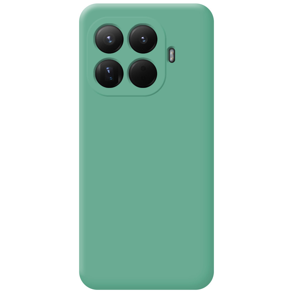Una custodia per telefono verde acqua con quattro obiettivi della fotocamera e un pulsante del volume laterale. Lo sfondo è bianco.