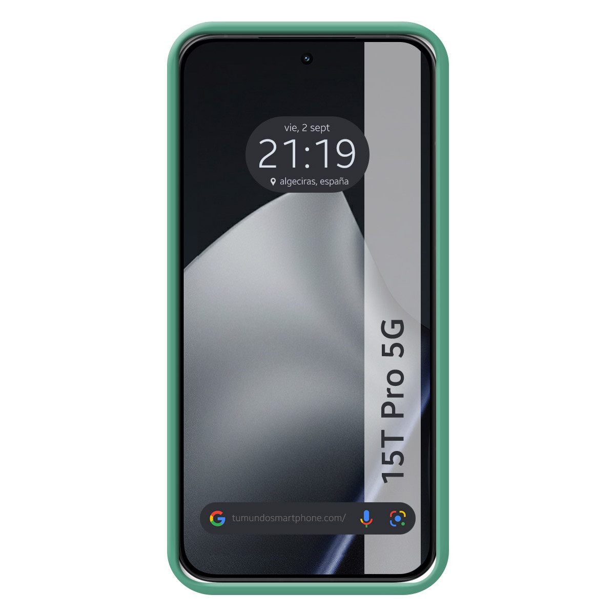 Uno smartphone mostra l'ora, la data e un sito web. Ha una custodia verde. Lo schermo mostra le 21:19.