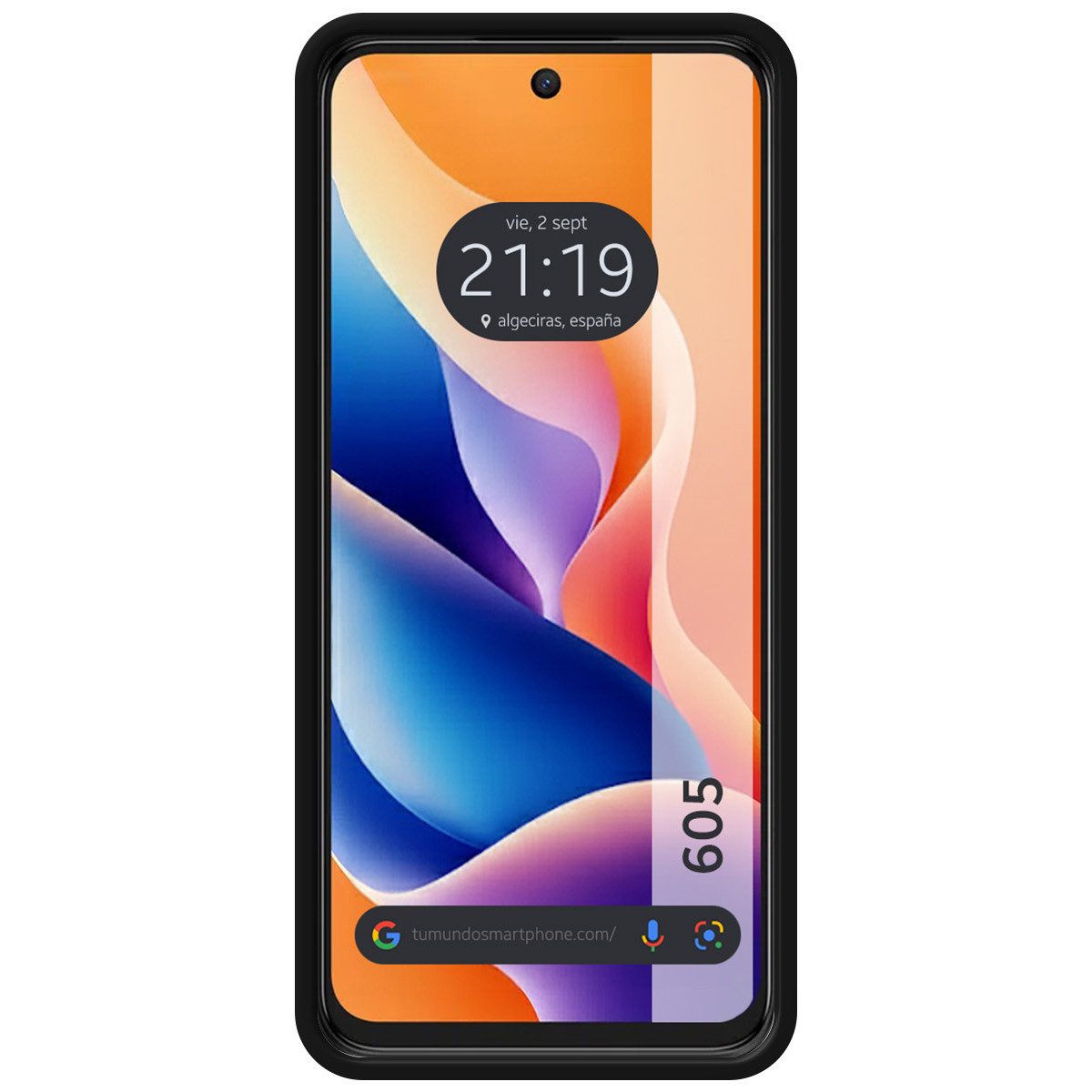 Uno smartphone mostra ora, data e posizione. Lo schermo mostra un design astratto colorato con una cornice nera.