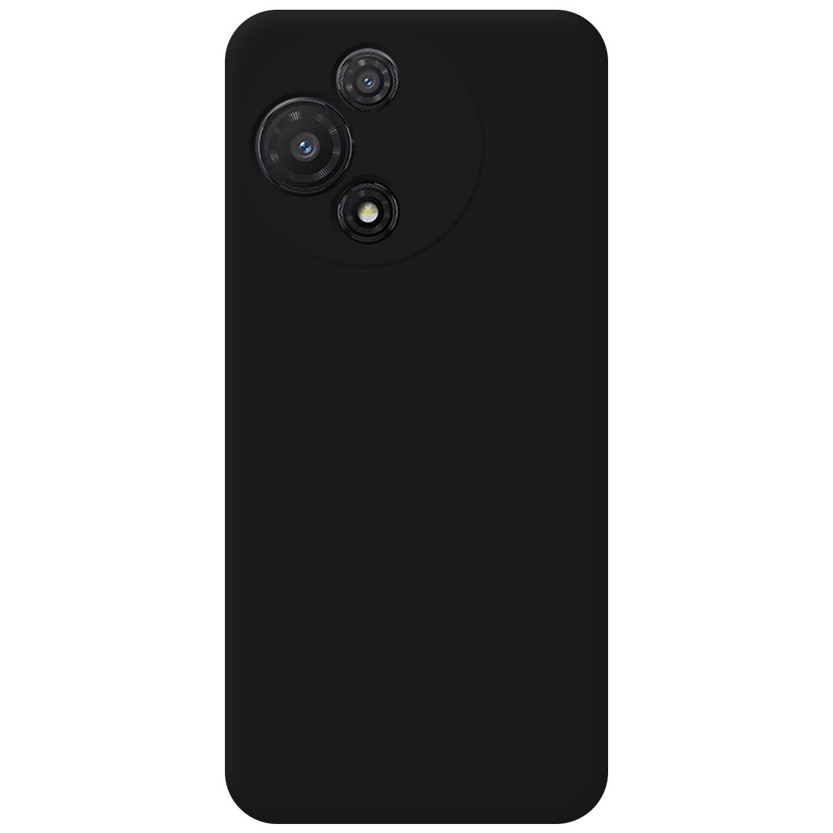 Cover posteriore nera per smartphone con tre lenti. Rettangolare, angoli arrotondati e superficie liscia.