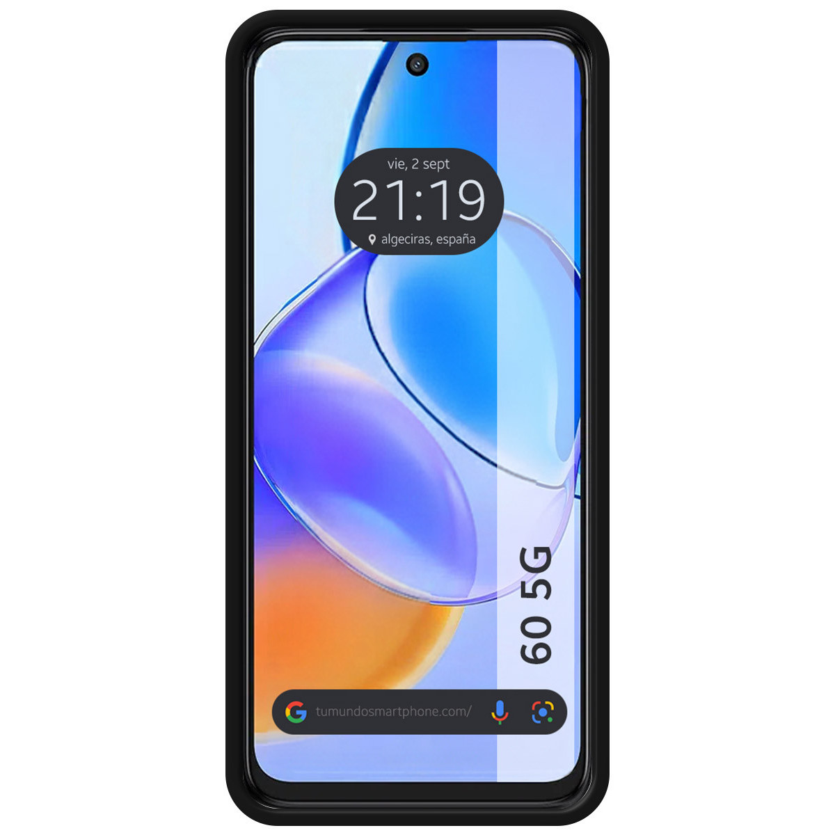 Uno smartphone con cornice nera mostra l'ora: 21:19, luogo: Algeciras, Spagna. Lo schermo presenta un design astratto blu e arancione.