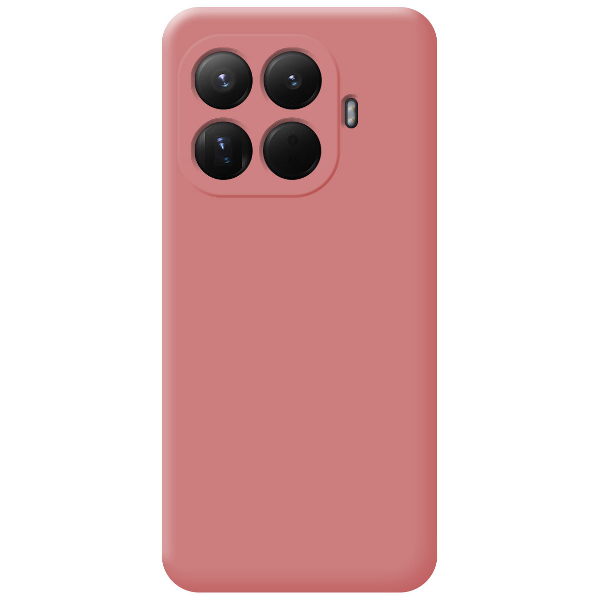 Una custodia per telefono rosa con quattro obiettivi e un flash. La custodia è rettangolare con angoli arrotondati e superficie liscia.