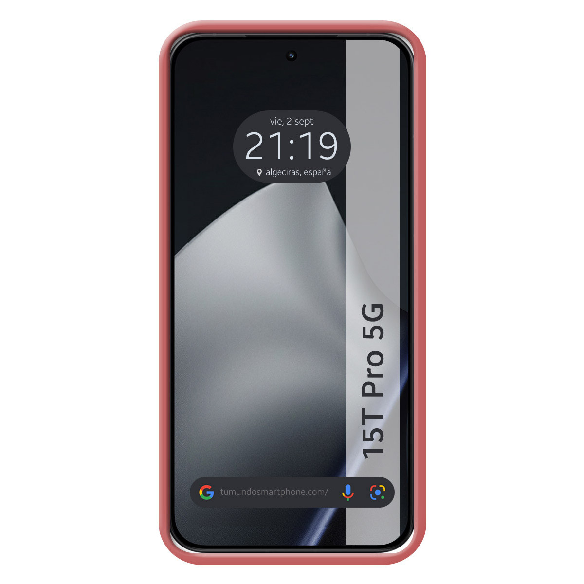 Uno smartphone con cornice rossa mostra ora e data. Lo schermo mostra un indirizzo web e le parole 15T Pro 5G.