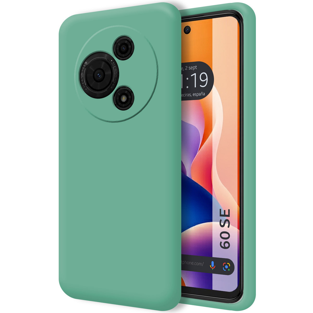 Una custodia per telefono verde menta con tre lenti della fotocamera copre parzialmente un telefono che mostra l'ora e il testo '60 SE'.