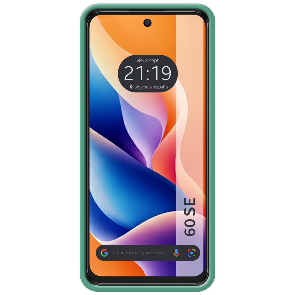 Lo schermo dello smartphone mostra ora e data, con uno sfondo astratto colorato. Il telefono ha una custodia verde.