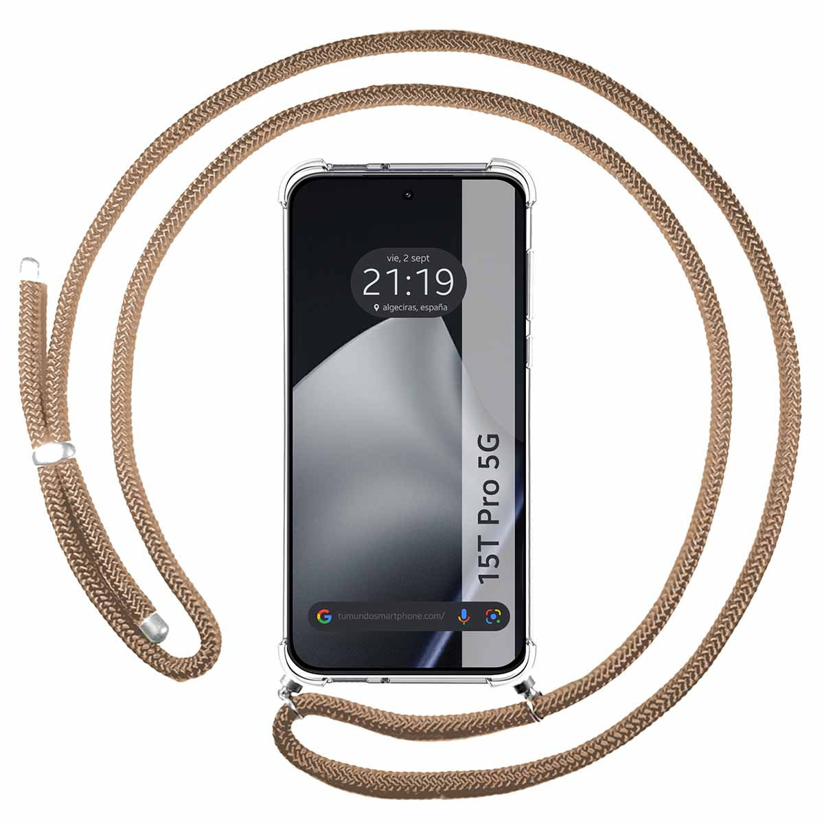 Uno smartphone in una custodia trasparente con un cordino beige. Il telefono mostra l'ora e la data. Lo sfondo è bianco.
