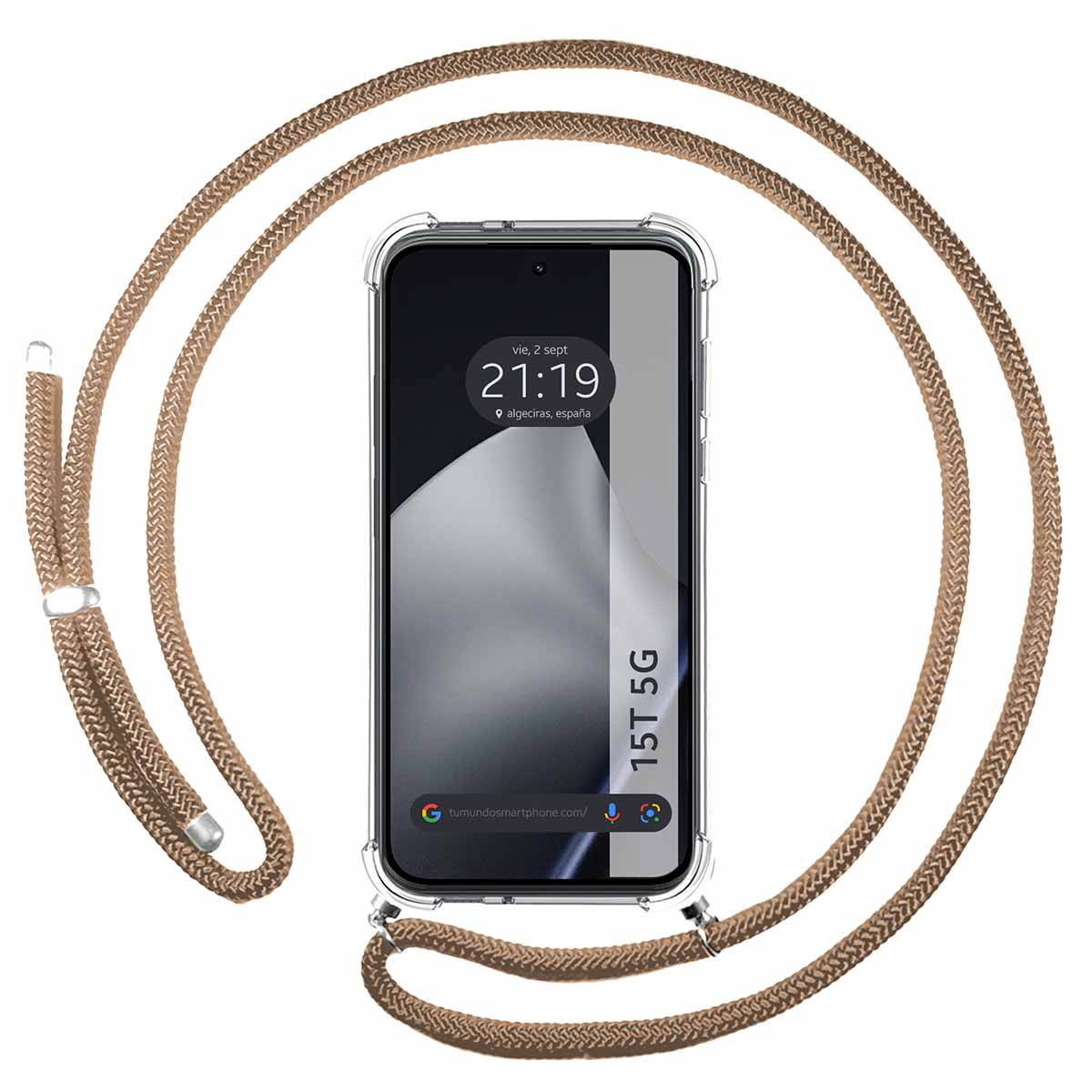 Uno smartphone con custodia trasparente e corda marrone. Lo schermo mostra l'ora e alcune app. Lo sfondo è bianco.