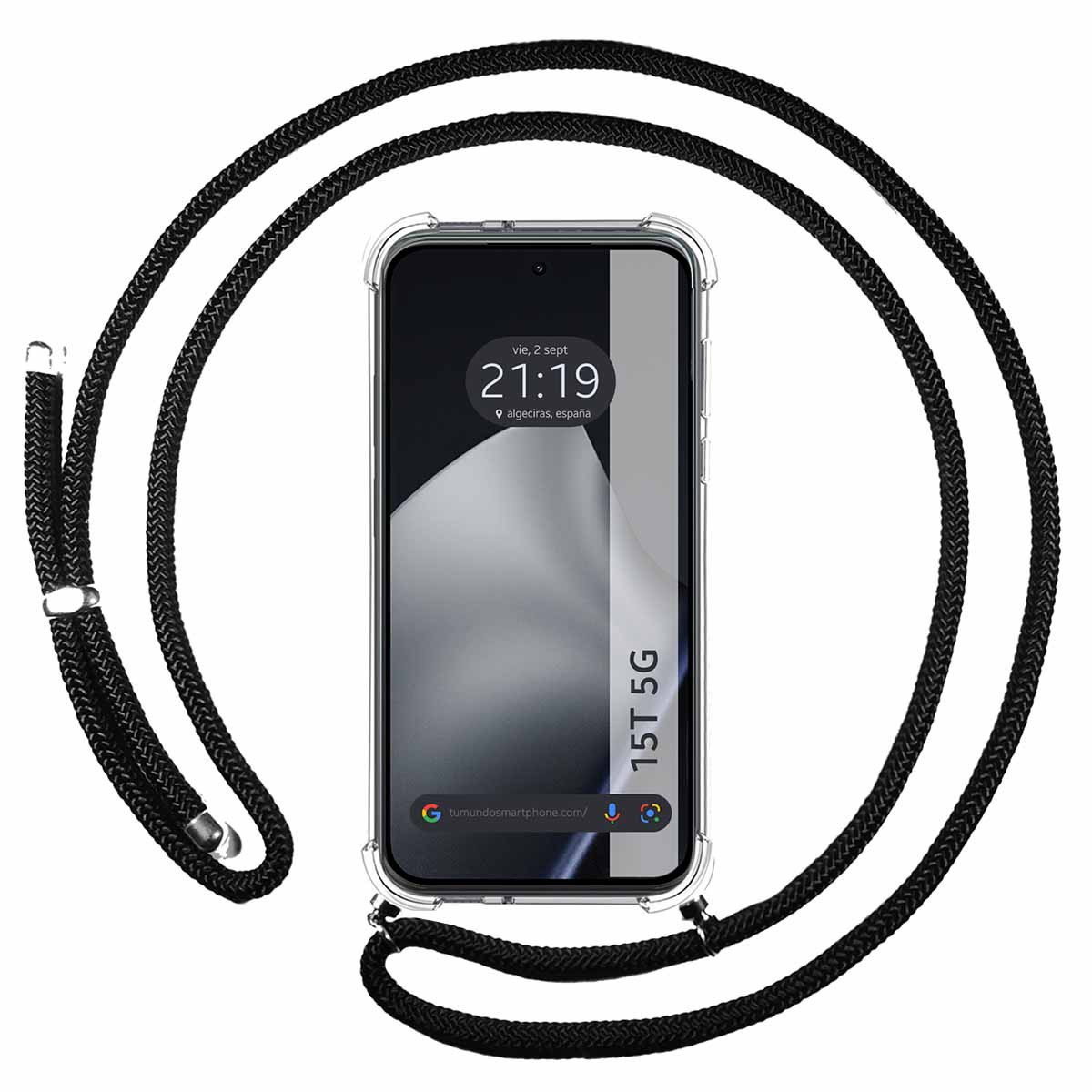 Uno smartphone con un cordino nero. Il telefono mostra l'ora e la data. La custodia è trasparente. Il cordino è attorno al telefono.