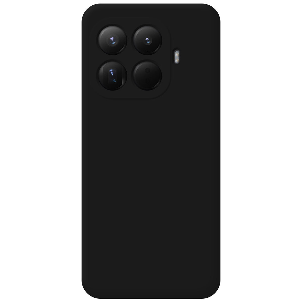 Parte trasera de teléfono negro con cuatro lentes de cámara y flash, todo sobre superficie negra mate.