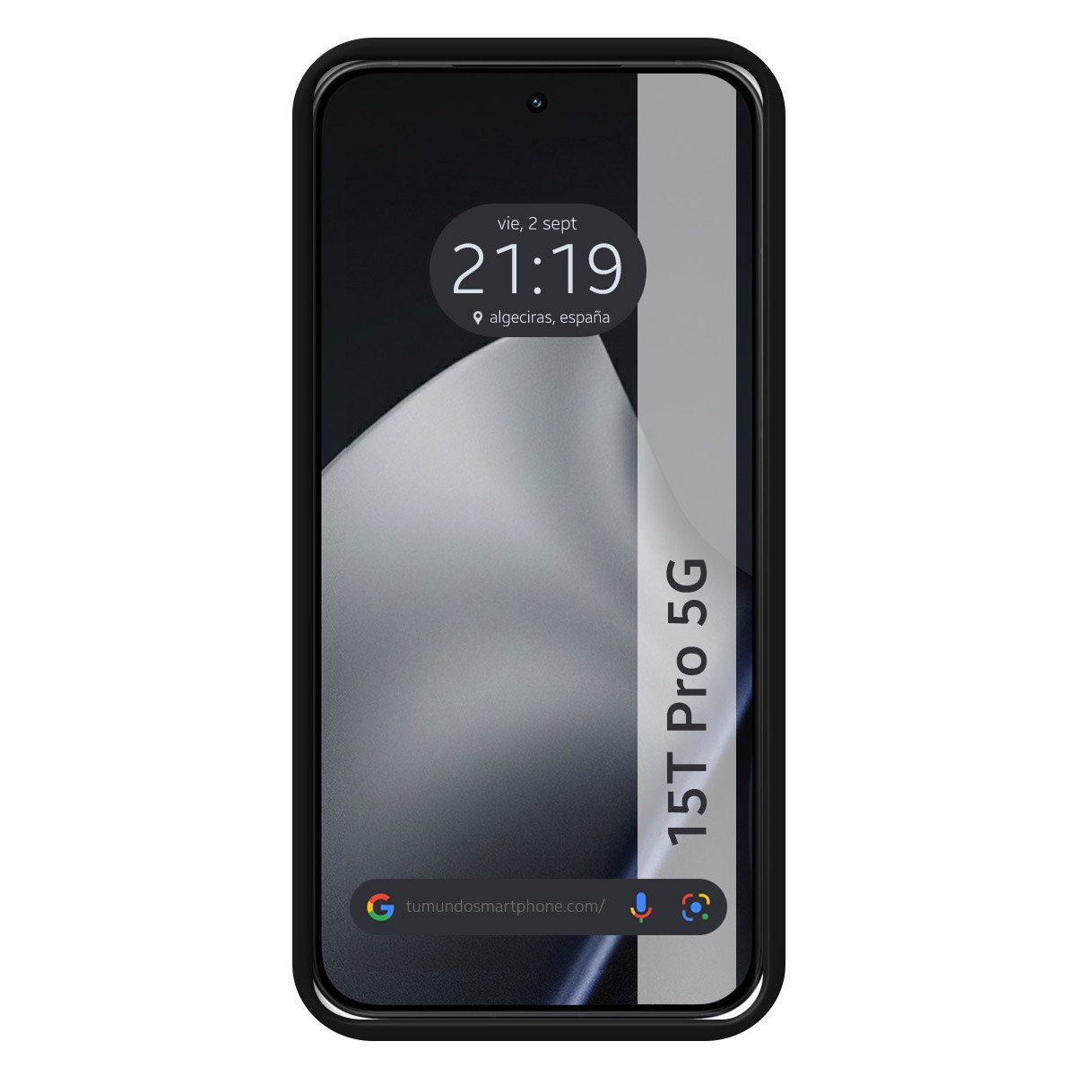 La pantalla del smartphone muestra la hora, la fecha y la ubicación. Texto 15T Pro 5G a la derecha. El teléfono tiene un borde negro.