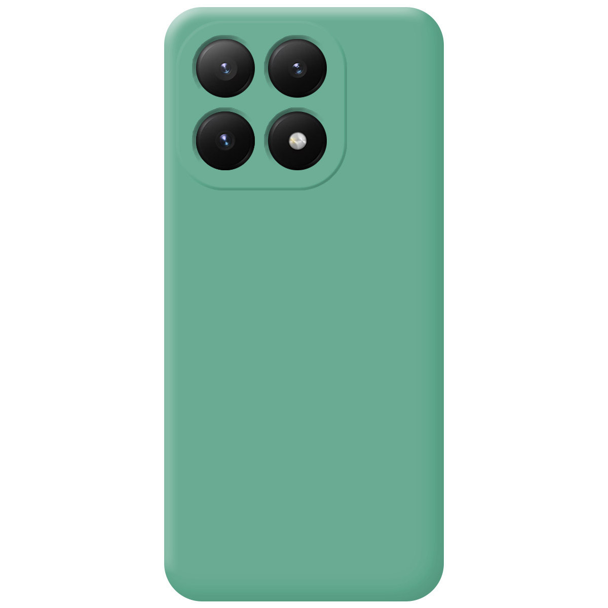 Una custodia per telefono verde acqua con quattro obiettivi della fotocamera. La custodia è rettangolare con angoli arrotondati e superficie liscia.