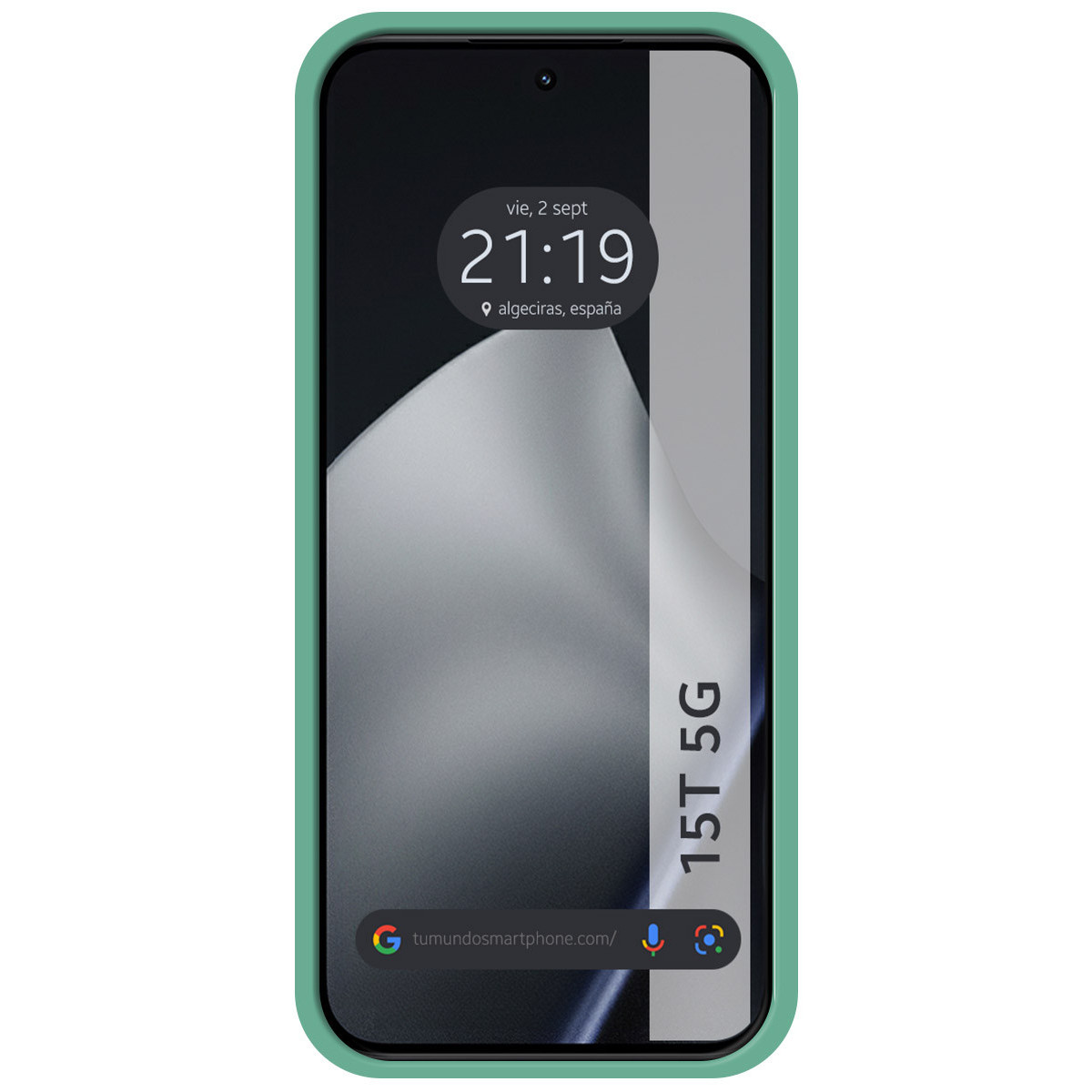 Smartphone con custodia verde. Lo schermo mostra ora, data e un sito web. È un modello 15T 5G.
