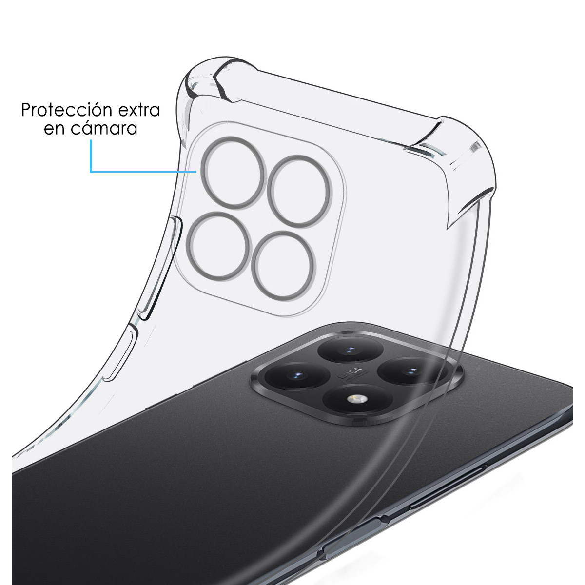 Custodia trasparente per telefono su un telefono nero. La custodia ha una protezione per la fotocamera. Il telefono ha quattro lenti.