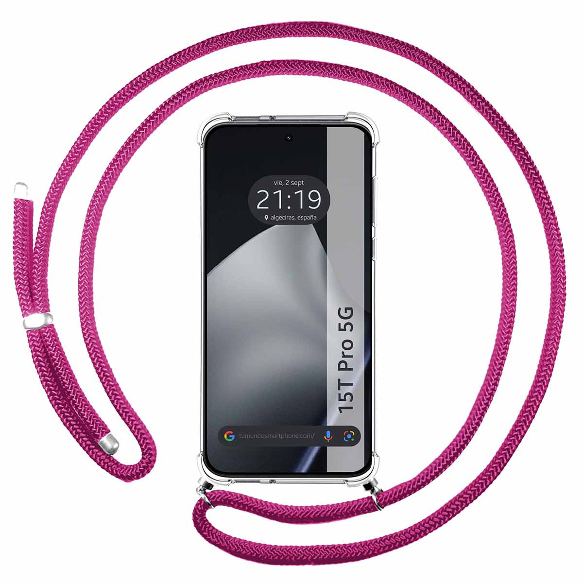 Uno smartphone con un cordino rosa. Il telefono mostra l'ora e il luogo. Lo sfondo è bianco.