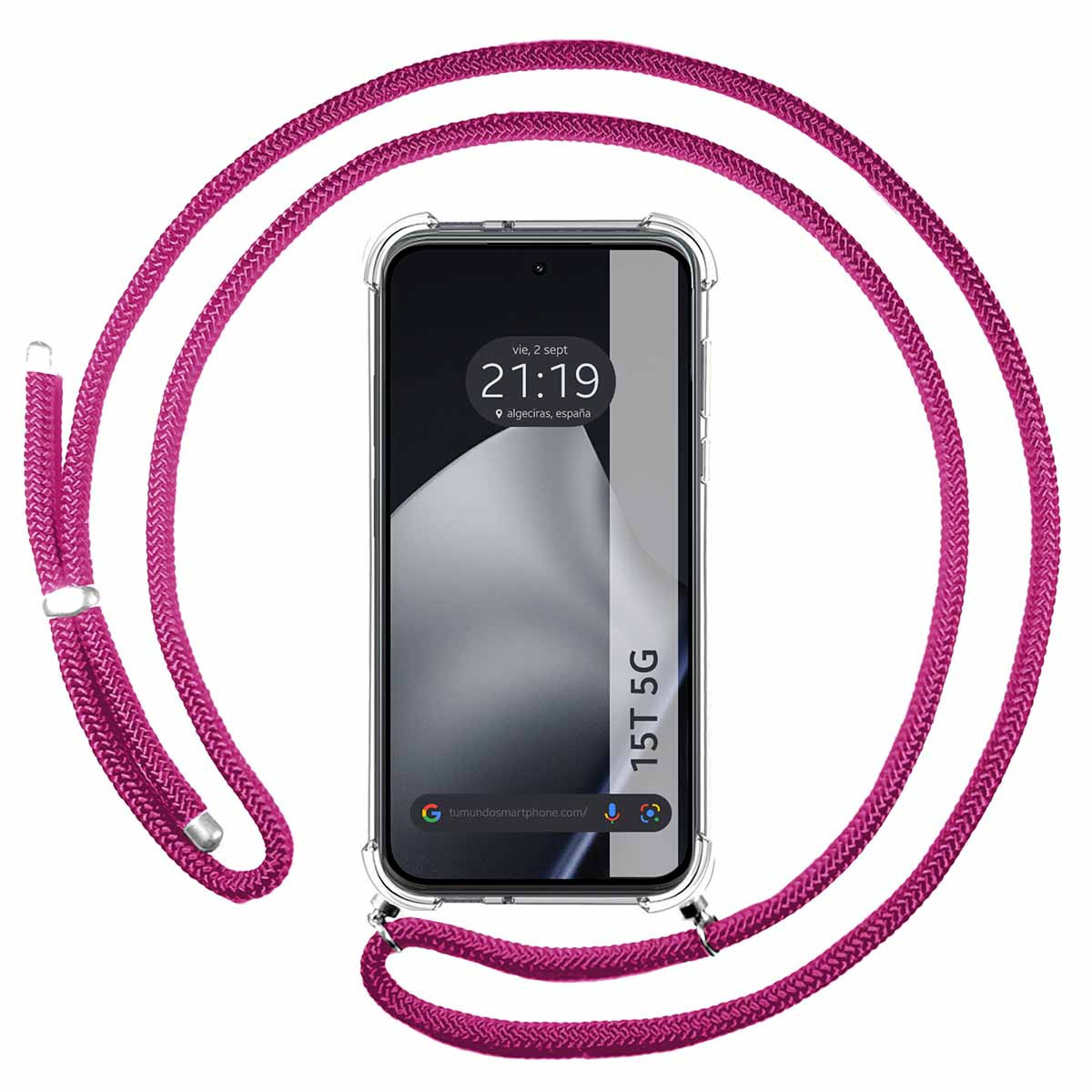 Uno smartphone con custodia trasparente e cordino rosa, mostra l'ora e Algeciras, Spagna, con etichetta 15T 5G.