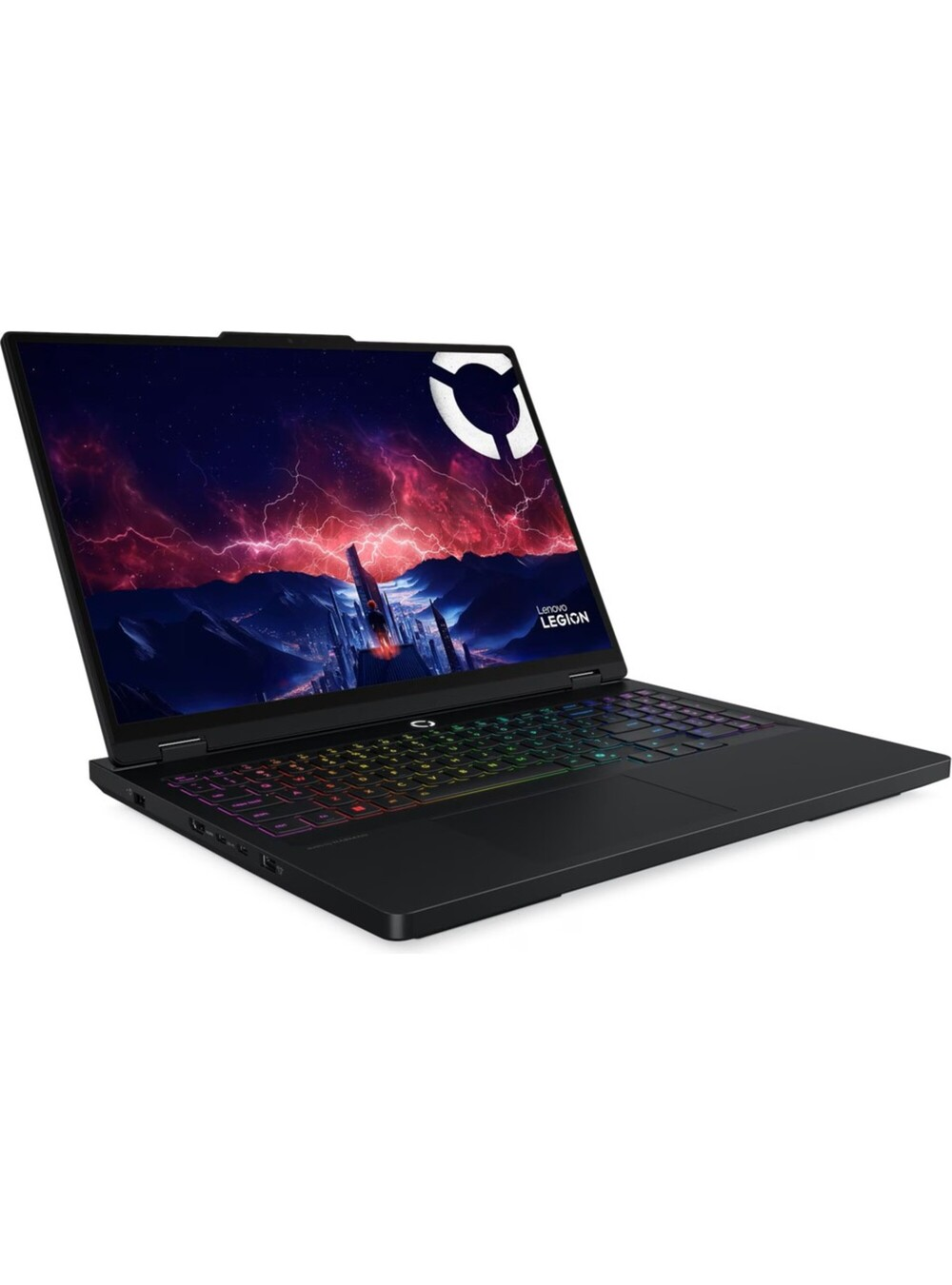 Renkli klavyeli siyah Lenovo Legion dizüstü bilgisayar. Ekran, kırmızı ve mor gökyüzü ile bir şehir silüeti gösteriyor.