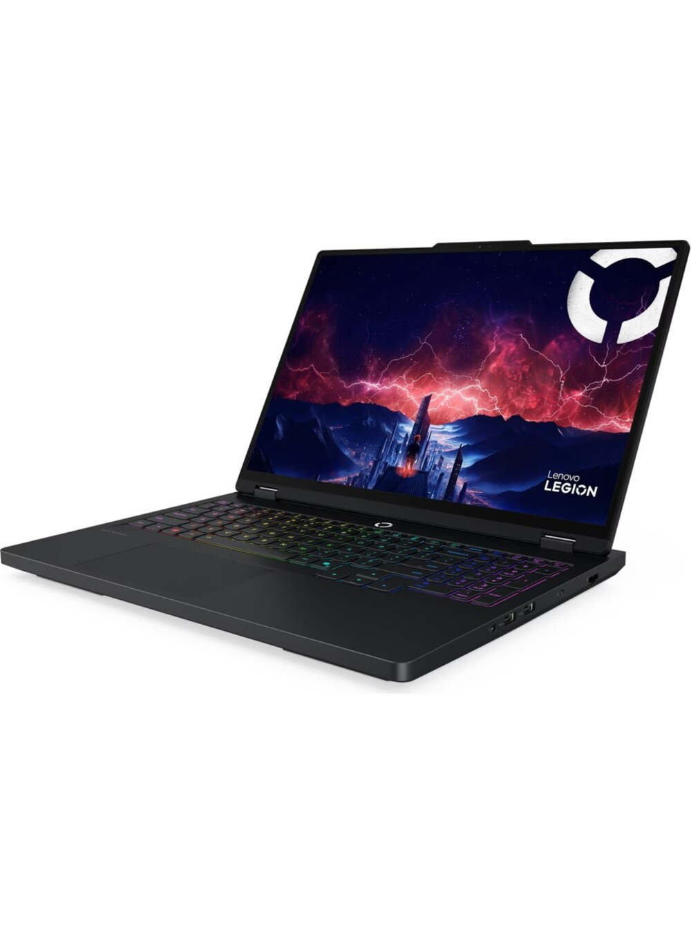 Siyah bir Lenovo Legion dizüstü bilgisayar açık, renkli bir ekran gösteriyor. Klavye yanıyor ve marka logosu görülüyor.
