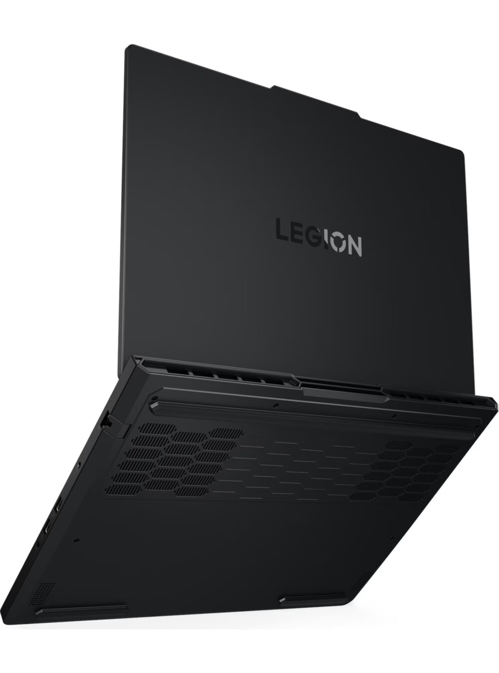 Siyah Lenovo Legion dizüstü bilgisayar. Ekran açık. Legion logosu görünür.