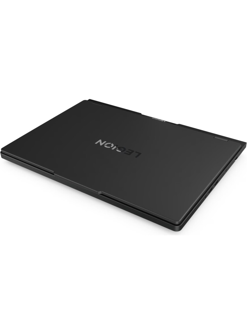 Siyah bir Lenovo Legion dizüstü bilgisayarı, kapalı. LEGION kelimesi kapakta görülebilir. Beyaz bir arka plan üzerinde.