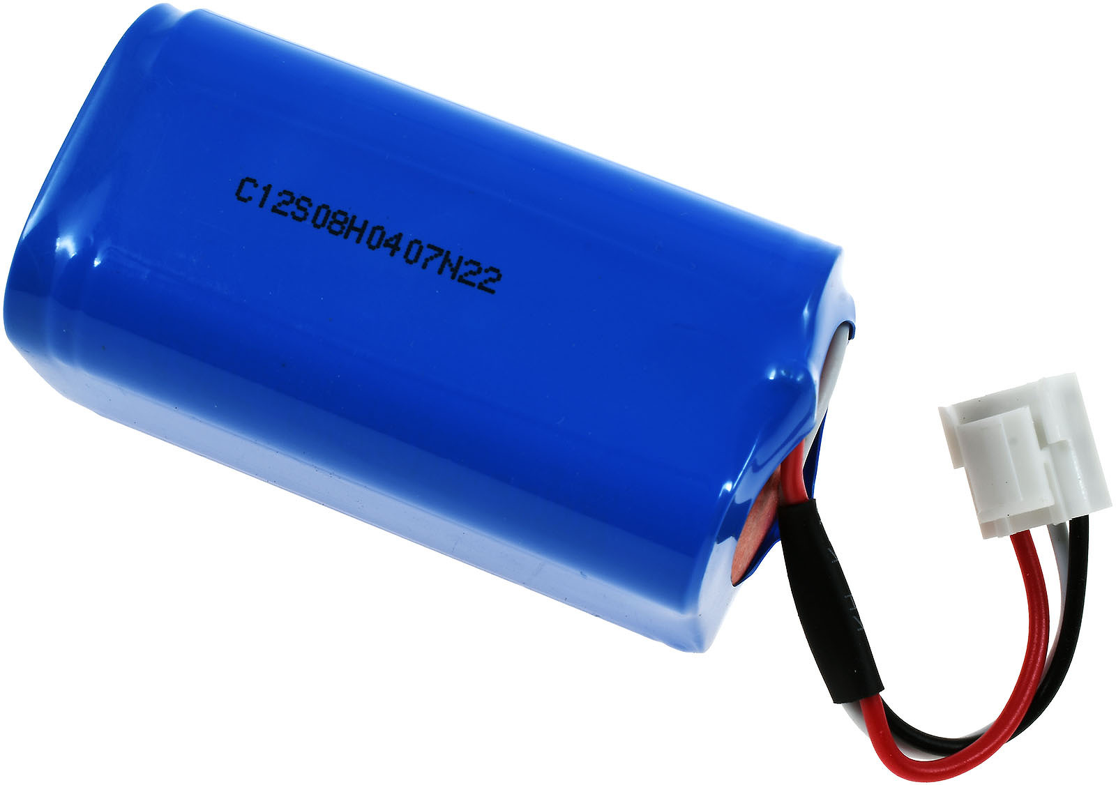 Eine blaue zylindrische Batterie mit schwarzem Text und einem weißen Stecker mit schwarzen und roten Drähten.