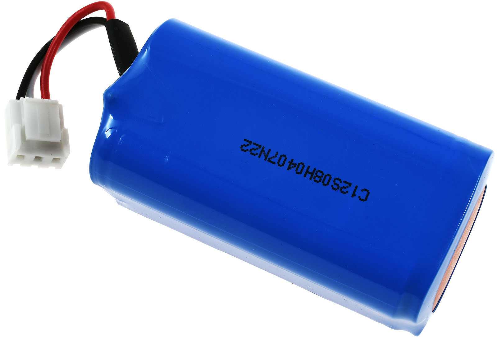 Ein blauer Akku mit schwarzen und roten Drähten, die mit einem weißen Stecker verbunden sind. Text auf dem Akku ist sichtbar.