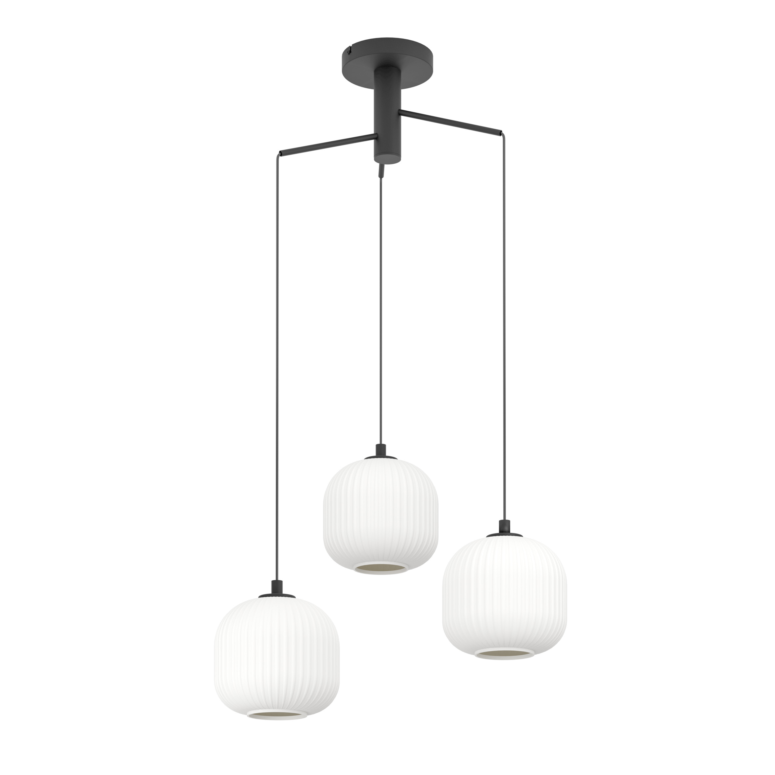 Una moderna lampada a sospensione con tre paralumi in vetro bianco a coste, sospesi da un elemento nero, su sfondo bianco.