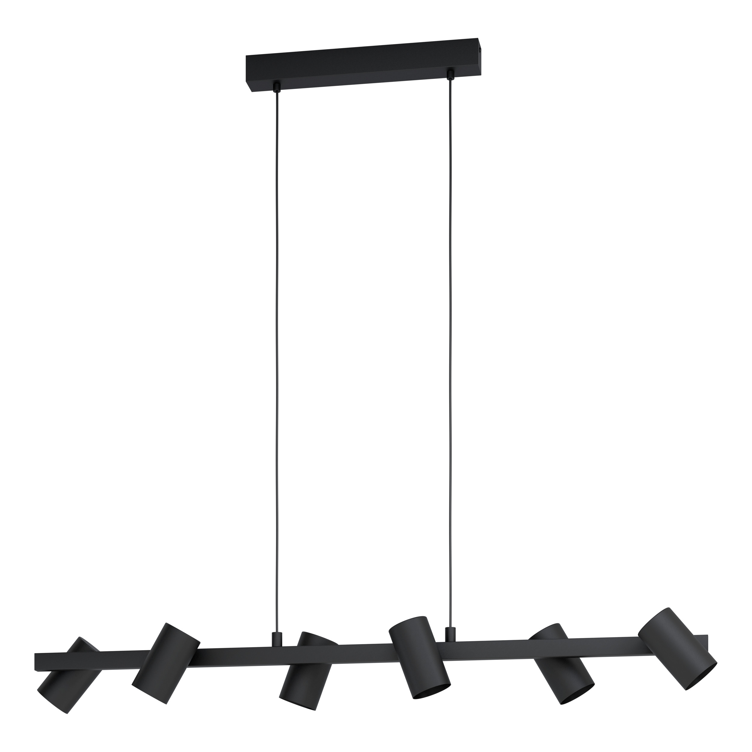 Eine schwarze, moderne Deckenleuchte. Sie hat eine rechteckige Basis und sieben zylindrische Lichter.