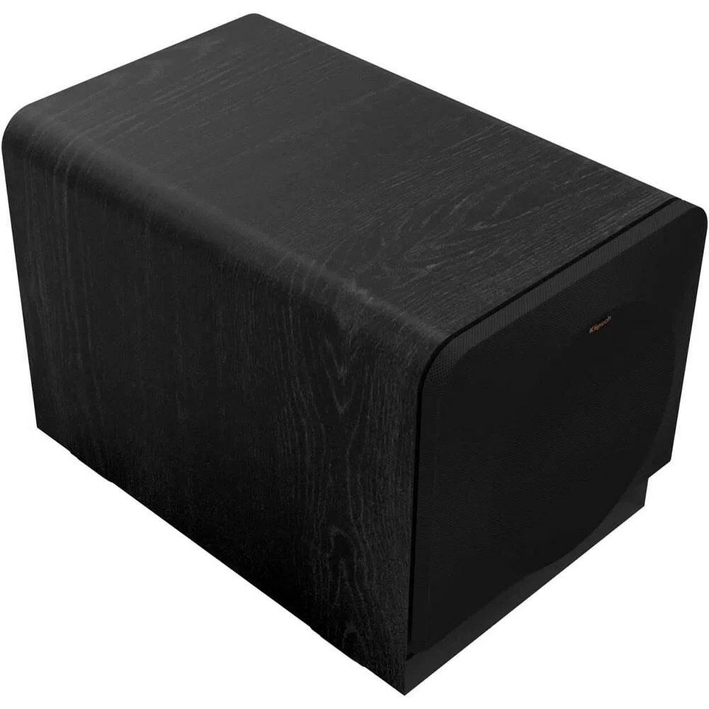Ein schwarzer, rechteckiger Subwoofer mit abgerundeten Kanten. Er hat eine Holzmaserung und ein schwarzes Lautsprechergitter.
