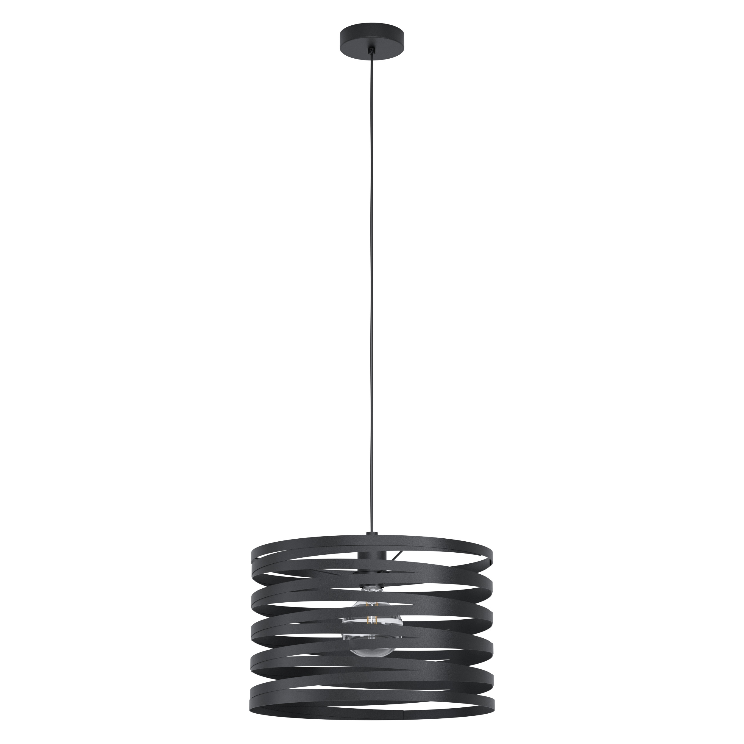 Eine schwarze Pendelleuchte mit spiralförmigem Schirm und sichtbarer Glühbirne, hängend vor weißem Hintergrund.