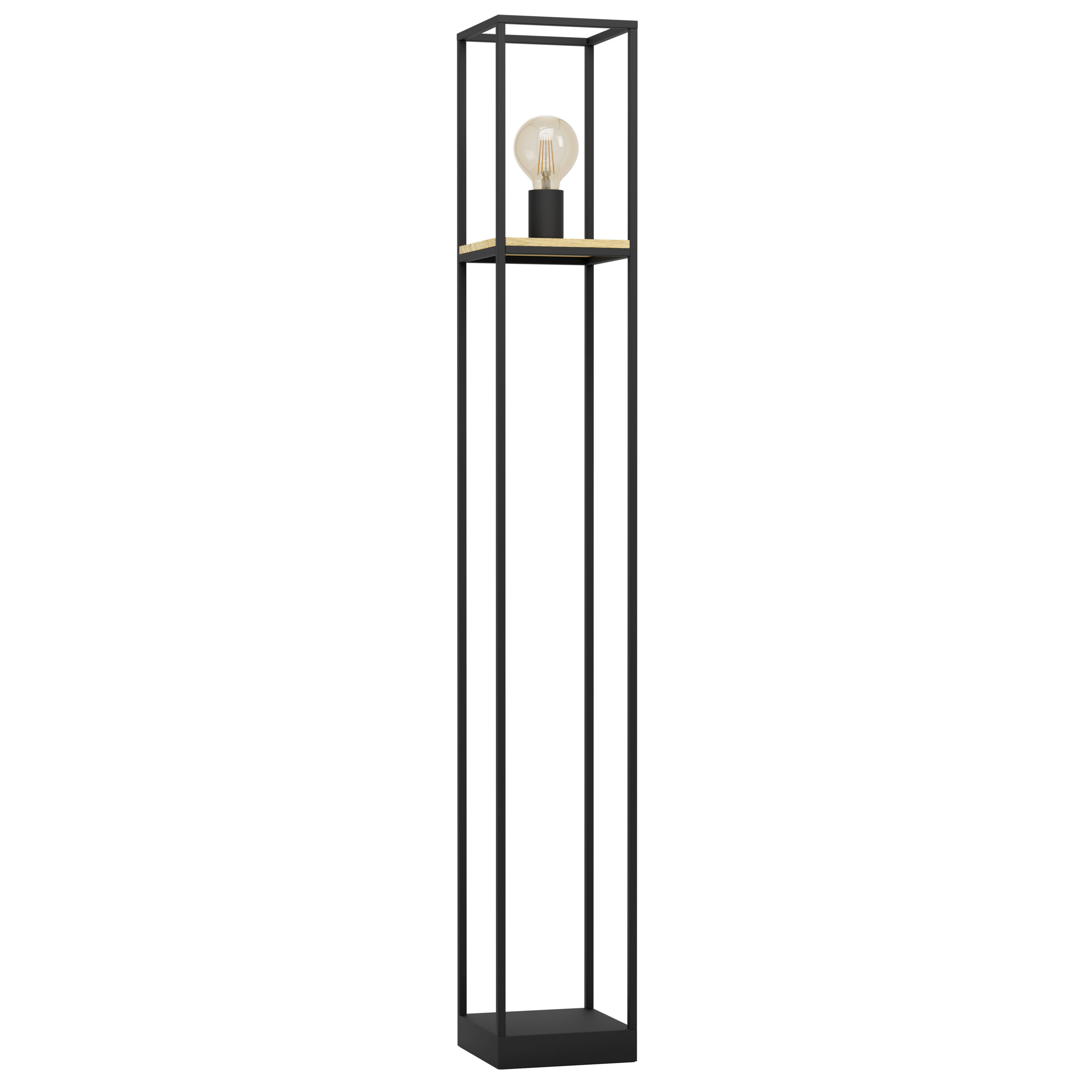 Un lampadaire en métal noir avec un dessus carré contenant une ampoule. La lampe a une base rectangulaire.